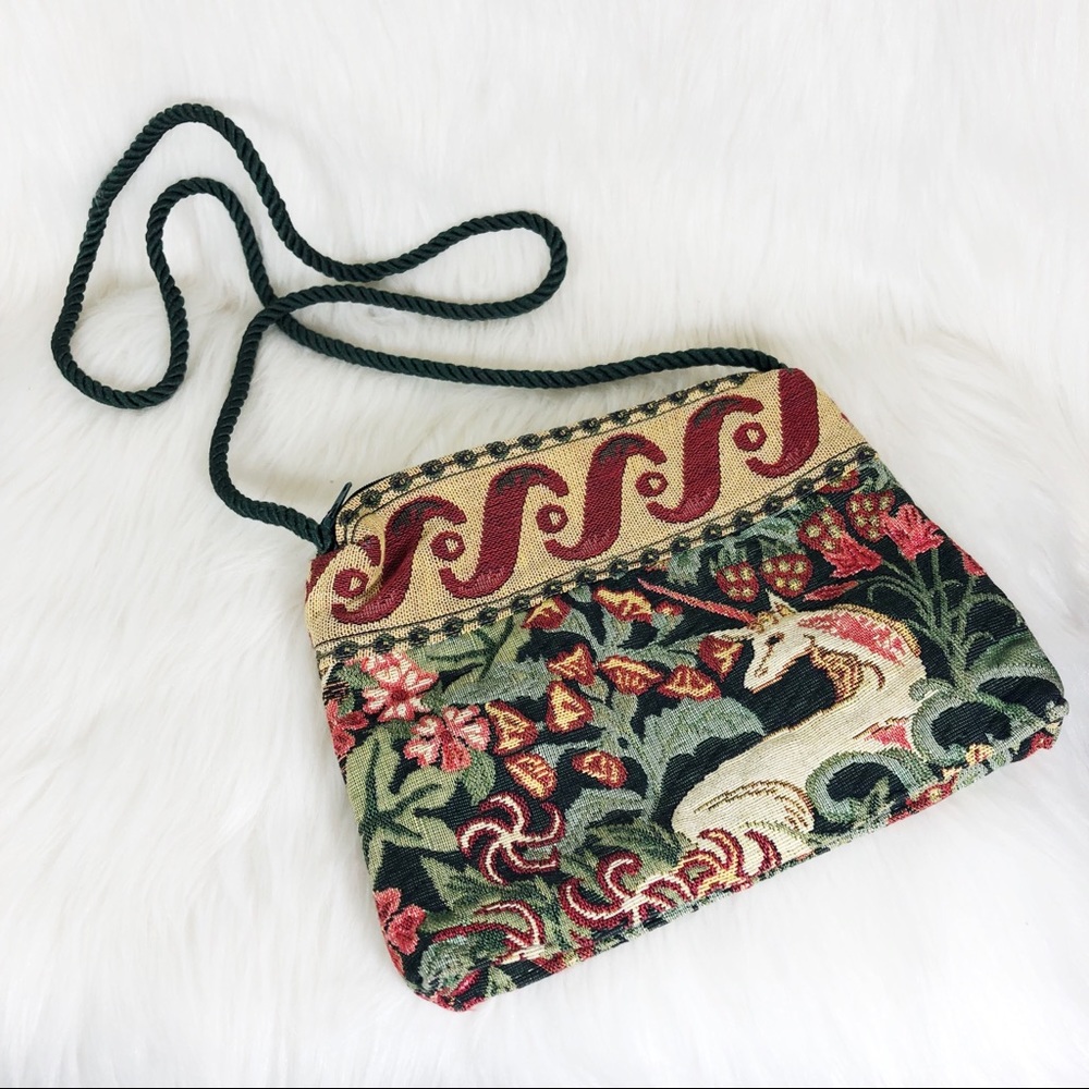 Tapestry Crossbody Bag with Floral & Unicorn Motif - Green & Red